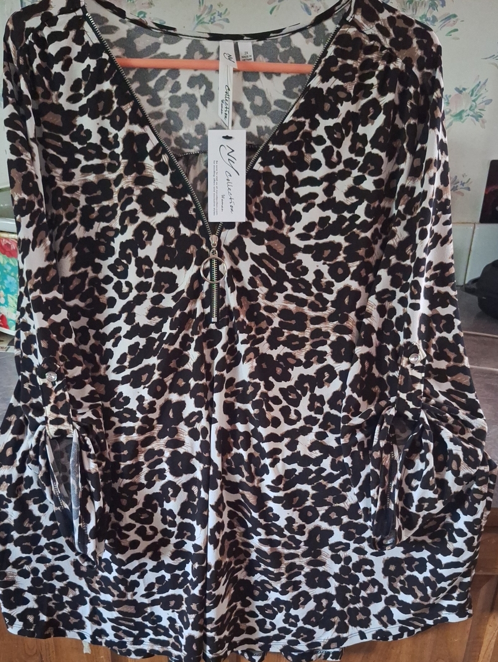 NY Collection Leopard Print V-Neck Zip Front Tunic - Brown/Black/White